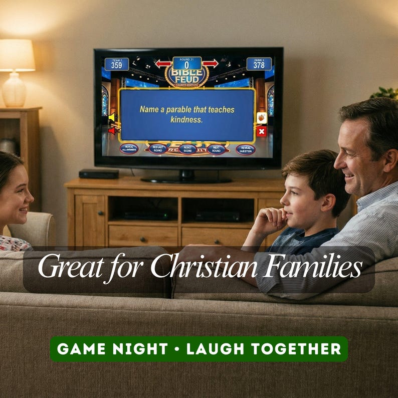 May include: A family is gathered around a television playing a game called "Bible Feud." The screen displays a question about parables. Text on the image reads "Great for Christian Families" and "GAME NIGHT &bull; LAUGH TOGETHER."