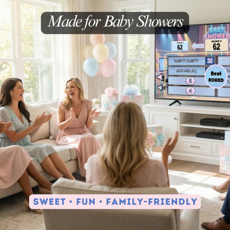 Puede incluir: Una escena de baby shower con mujeres riendo y celebrando. La imagen incluye globos, regalos y el texto "Made for Baby Showers". Tambi&eacute;n se muestran las palabras "SWEET &bull; FUN &bull; FAMILY-FRIENDLY".