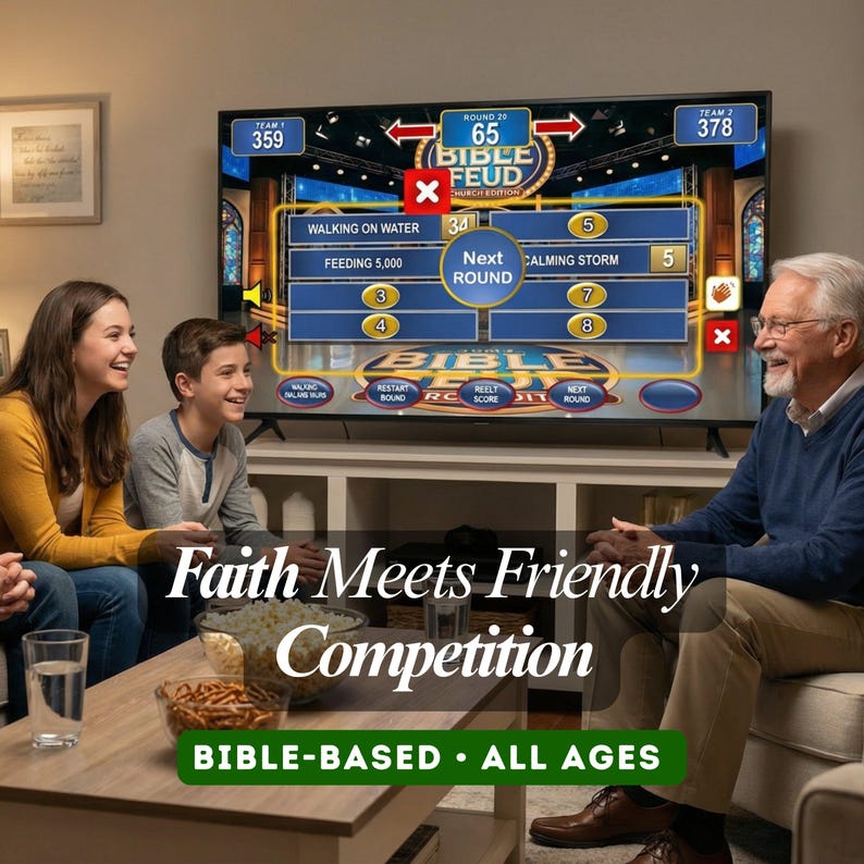 May include: A family is gathered around a television playing a game called "Bible Feud." The game show screen displays questions and answers. The text on the screen reads "Faith Meets Friendly Competition" and "Bible-Based - All Ages."