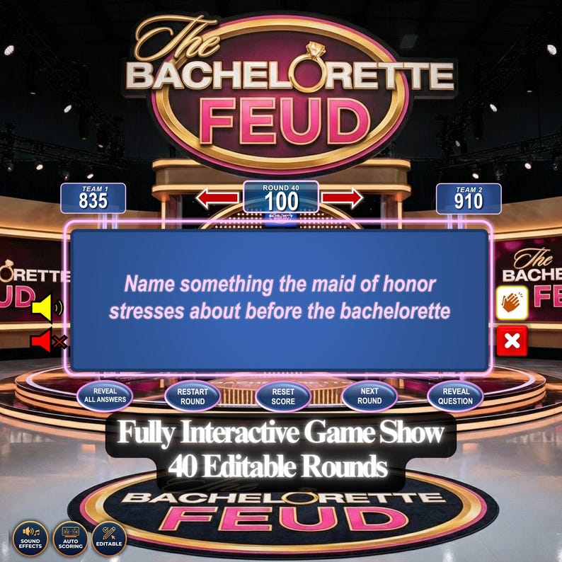 May include: A game show stage with the title "The Bachelorette Feud" in gold and pink. The screen displays a question: "Name something the maid of honor stresses about before the bachelorette." Scores for two teams are shown.