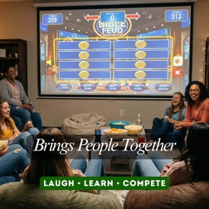 May include: A group of people are gathered, watching a projected game of Bible Feud. The screen displays the game interface with the text "BIBLE FEUD CHURCH EDITION". The image includes the text "Brings People Together" and "LAUGH &bull; LEARN &bull; COMPETE".
