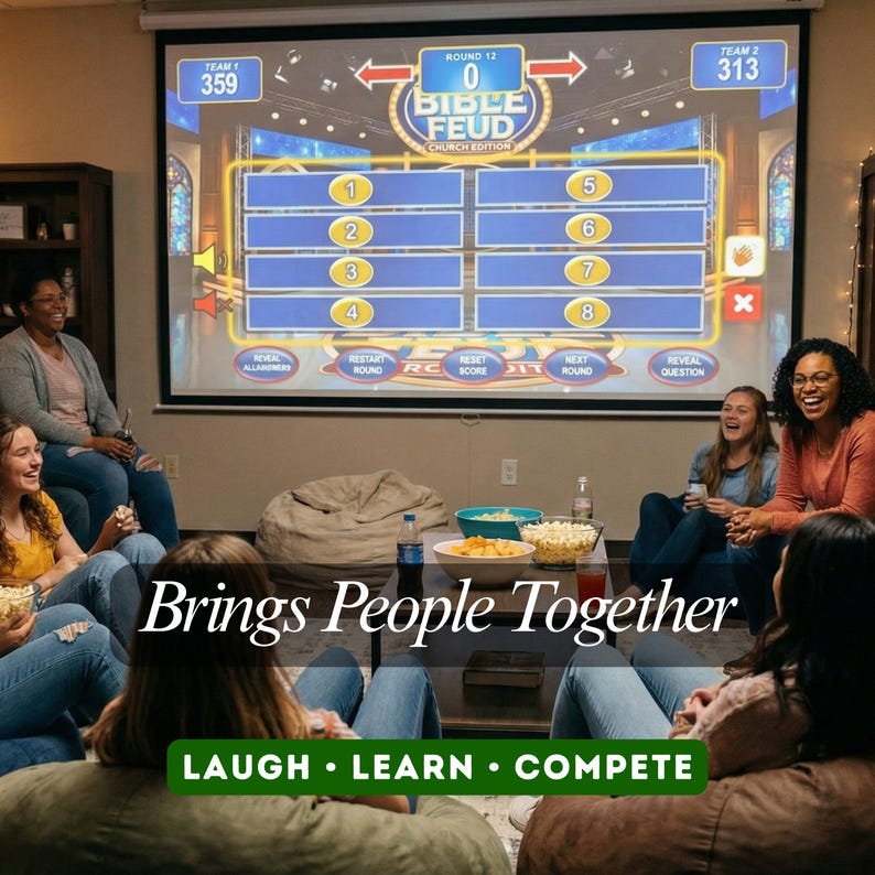 May include: A group of people are gathered, watching a projected game of Bible Feud. The screen displays the game interface with the text "BIBLE FEUD CHURCH EDITION". The image includes the text "Brings People Together" and "LAUGH &bull; LEARN &bull; COMPETE".