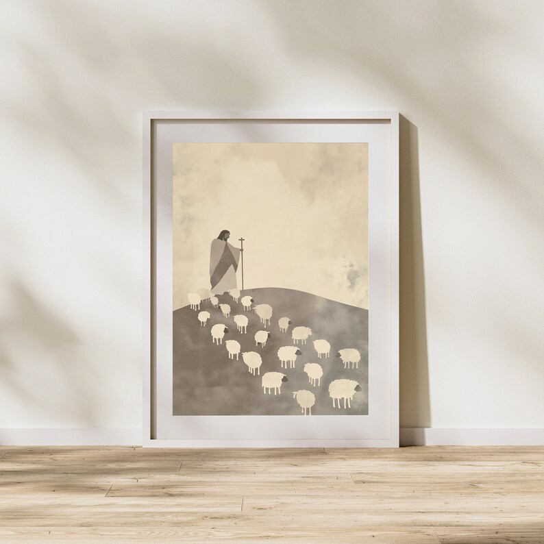 Jesus Leaves the 99 Christian Wall Art Jesus Painting, Neutral Print