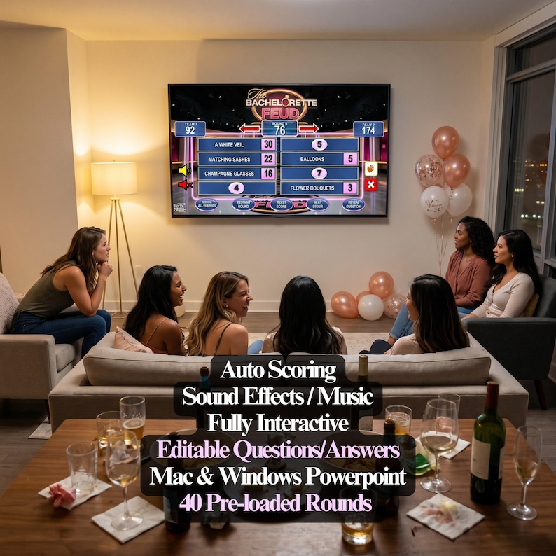 May include: A group of women are gathered in a living room, watching a game show on a large TV. The screen displays "Bachelorette Feud". The text below the screen reads "Auto Scoring, Sound Effects/Music, Fully Interactive, Editable Questions/Answers, Mac & Windows Powerpoint, 40 Pre-loaded Rounds."