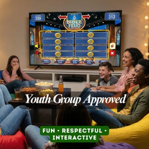 May include: A group of people are gathered around a television playing a game called "Bible Feud Church Edition." The screen displays the game interface with scoreboards and question categories. The text "Youth Group Approved" is visible.