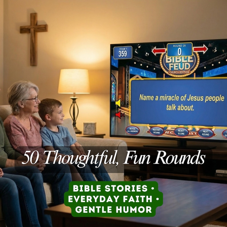 May include: A family watches a game show on TV, with the text "BIBLE FEUD CHURCH EDITION." The screen displays a question about Jesus' miracles. The image also includes the text "50 Thoughtful, Fun Rounds" and "BIBLE STORIES, EVERYDAY FAITH, GENTLE HUMOR."