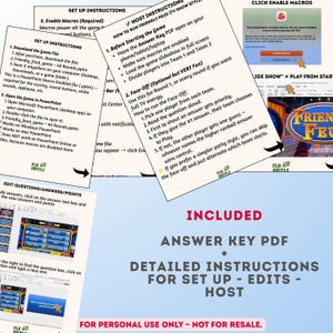 Puede incluir: Un producto de descarga digital con instrucciones para un programa de juegos. La imagen incluye instrucciones de configuraci&oacute;n detalladas, un PDF de clave de respuestas e informaci&oacute;n sobre c&oacute;mo organizar el juego. El texto incluye "Friendly Feud" y "Solo para uso personal, no para reventa."