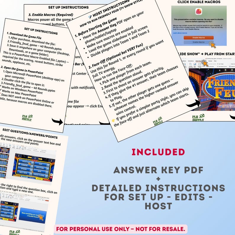 Puede incluir: Un producto de descarga digital con instrucciones para un programa de juegos. La imagen incluye instrucciones de configuraci&oacute;n detalladas, un PDF de clave de respuestas e informaci&oacute;n sobre c&oacute;mo organizar el juego. El texto incluye "Friendly Feud" y "Solo para uso personal, no para reventa."