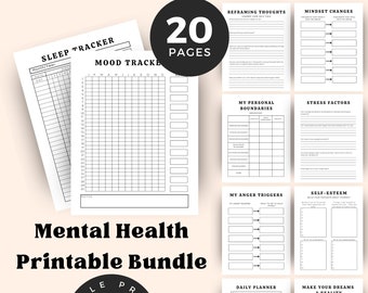 May include: A printable mental health journal bundle with 20 pages. The pages include trackers for sleep, mood, personal boundaries, anger triggers, self-esteem, stress factors, mindset changes, and a daily planner. The pages are black and white and have a minimalist design.