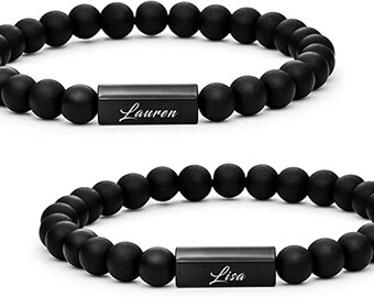 ICON set de 2 - bracelets partenaires, personnalisés avec le texte de votre choix, bracelets pour couples avec gravure, bracelets de perles avec gravure