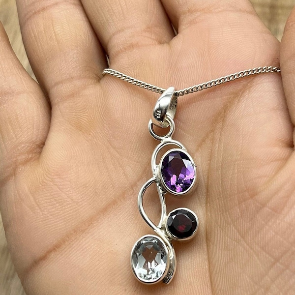 Multi Stone Silver Pendant, 925 Sterling Silver Necklace, Tri-Colour Pendant Necklace, Amethyst Garnet Aquamarine Gemstone Pendant,