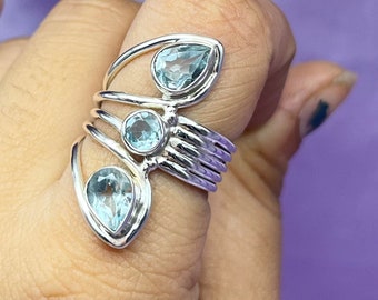 Natural Aquamarine Silver Ring, Pear Cut Aquamarine Gemstone Ring For Women, Aquamarine Engagement Silver Ring , Bohemian Jewelry For Wife