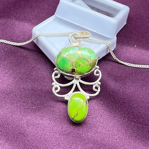 Natural Green Copper Turquoise Silver Pendant, Solid 925 Green Copper Turquoise Gemstone Pendant For Women, Handmade Bohemian Jewelry Gifts