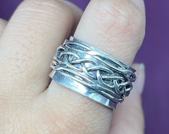 Solid 925 Sterling Silver Spinner Ring, Silver Wire Spinner Band ring For Women, Handmade Boho Designer Spinner Ring Three Tone Spinner Ring