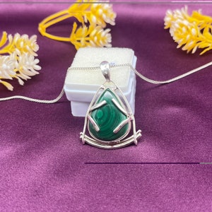 Natural Malachite Silver Pendant, Tear Drop Malachite Gemstone Pendant, Handcrafted Designer Malachite Pendant For Anniversary Gifts