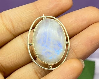 Genuine Moonstone Brooch, 925 Sterling Silver Brooch, Vintage Silver Brooches, Brooches For Women/Men, Blue Flash Moonstone Brooch For Gifts