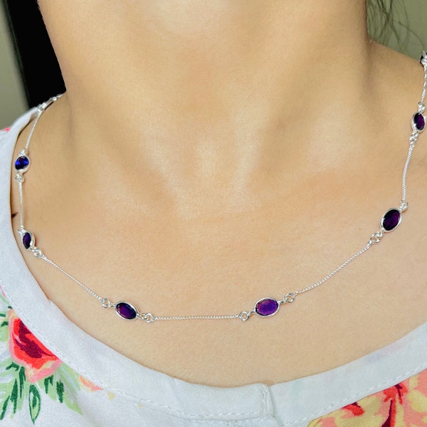 Natural Amethyst Necklace, Tiny Amethyst Necklace, Silver Chain Necklace, Purple Gemstone Necklace, Charm Necklace, Valentine's Day Gifts