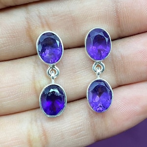 Natural Amethyst Silver Dangle Drop Earrings 925 Solid Silver Earrings Amethyst Gemstone Silver Hoop Earrings Handmade Bohemian Earrings