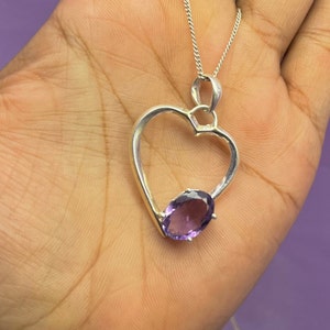 Natural Amethyst Silver Necklace Pendant For Women, Purple Amethyst Gemstone Pendant, Love Heart Necklace For Girlfriend, Birthstone Pendant