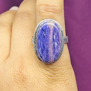Natural Charoite Silver Ring, Oval Shape Charoite Gemstone Ring For Women, Boho Statement Silver Ring For Anniversary, Big Charoite Ring