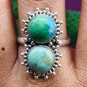 Natural Turquoise Silver Ring 925 Sterling Silver Turquoise Gemstone Statement Ring Two Gemstone Turquoise Bohemian Ring Handmade Ring