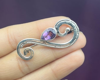 Genuine Amethyst Brooch Pin, 925 Sterling Silver Brooch, Vintage Silver Brooches, Celtic Shawl Pin, Brooches For Women/Men, Pin Statement