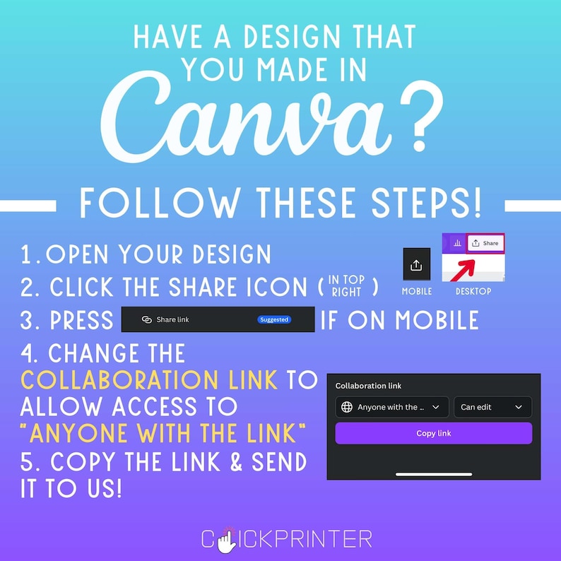 Pode incluir: Um gr&aacute;fico rosa e azul com instru&ccedil;&otilde;es sobre como compartilhar um design Canva. O texto diz "Tem um design que voc&ecirc; fez no Canva? Siga estas etapas! 1. Abra seu design 2. Clique no &iacute;cone de compartilhamento (direita) 3. Pressione Compartilhar link 4. Altere o link de colabora&ccedil;&atilde;o para permitir acesso a "qualquer pessoa com o link" 5. Copie o link e envie para n&oacute;s!" O gr&aacute;fico tamb&eacute;m mostra uma captura de tela do aplicativo Canva com o bot&atilde;o de compartilhamento destacado.
