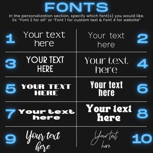 Pode incluir: Um gr&aacute;fico com dez estilos de fonte diferentes, numerados de 1 a 10. Cada estilo de fonte &eacute; exibido com o texto "Your text here". O texto "FONTS" &eacute; exibido em azul na parte superior do gr&aacute;fico. O texto "Na se&ccedil;&atilde;o de personaliza&ccedil;&atilde;o, especifique qual(is) fonte(s) voc&ecirc; gostaria de usar. Ex: "Fonte 2 para tudo" ou "Fonte 1 para texto personalizado e Fonte 4 para o site" &eacute; exibido abaixo do t&iacute;tulo.