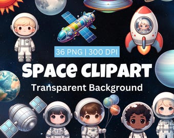 Paquete de imágenes prediseñadas del espacio en acuarela, imágenes prediseñadas de astronauta adorable, imágenes PNG para guardería del espacio exterior, sublimación de astronauta, ilustración de planetas y cohetes