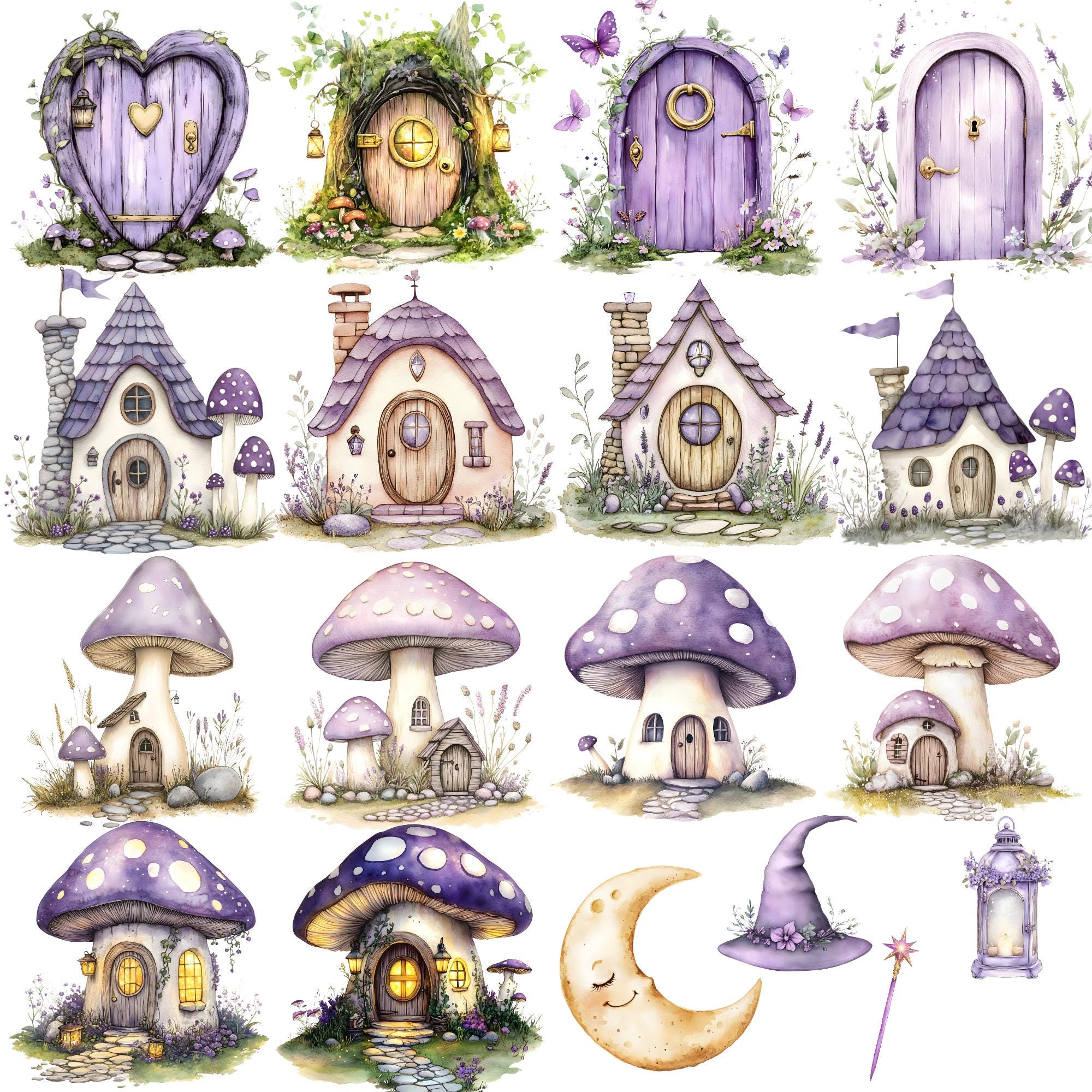 Watercolor Fairy Garden Clipart, Purple Fairies Clipart, Magical Garden ...