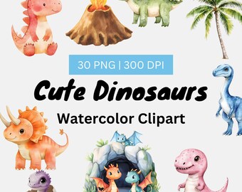 30 Watercolor Dinosaurs Clipart, Cute Baby Dino Clipart, Baby Shower, Nursery Art, Paper craft, junk journal, Transparent PNG Commercial use