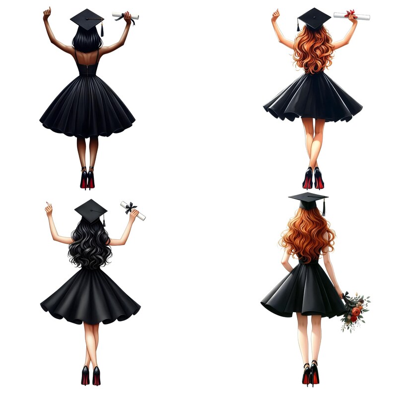 May include: Four illustrations of graduates in black dresses and graduation caps, holding diplomas. The graduates have different hair colors and styles. One graduate holds a bouquet of flowers. The graduates are wearing black high heels.