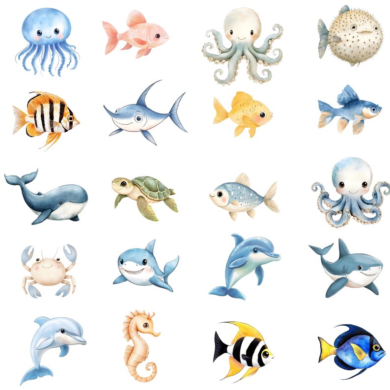 May include: Watercolor illustrations of various sea creatures, including a jellyfish, fish, octopus, pufferfish, shark, whale, turtle, crab, dolphin, and seahorse. The artwork features soft colors and a whimsical style, perfect for aquatic-themed projects.