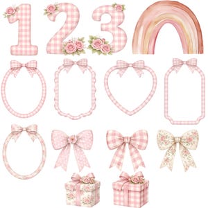 K&ouml;nnte beinhalten: Eine Sammlung von rosa und wei&szlig; karierten und floralen Dekorationselementen. Enth&auml;lt die Zahlen 1, 2 und 3, Schleifen, Rahmen, einen Regenbogen und Geschenkboxen. Die Elemente sind mit rosa Rosen verziert.
