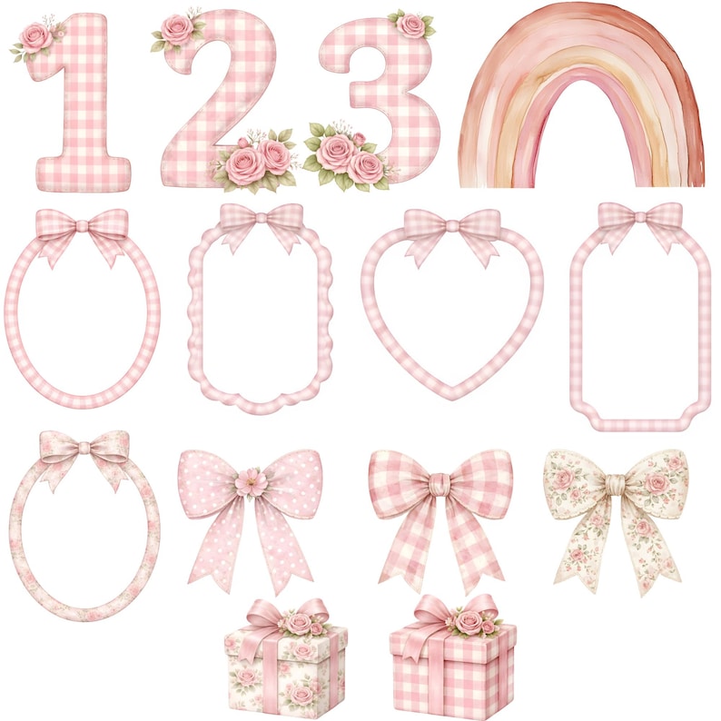 K&ouml;nnte beinhalten: Eine Sammlung von rosa und wei&szlig; karierten und floralen Dekorationselementen. Enth&auml;lt die Zahlen 1, 2 und 3, Schleifen, Rahmen, einen Regenbogen und Geschenkboxen. Die Elemente sind mit rosa Rosen verziert.