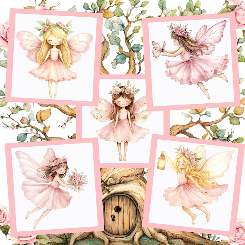 May include: A collage of watercolor illustrations featuring fairies in pink dresses with flower crowns and wings. The fairies are set against a backdrop of floral and tree branch elements, with a pink border.