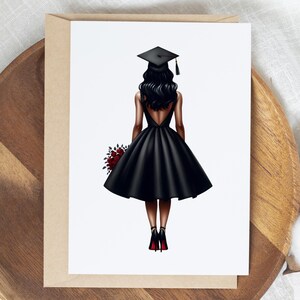 May include: Illustration of a graduate in a black dress and cap, holding a bouquet of red roses. The figure is viewed from the back, with the dress featuring a low back design. The card is set against a neutral background.