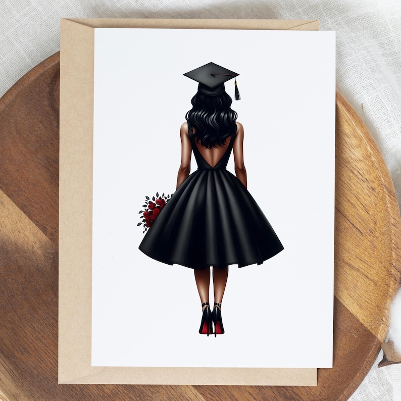May include: Illustration of a graduate in a black dress and cap, holding a bouquet of red roses. The figure is viewed from the back, with the dress featuring a low back design. The card is set against a neutral background.