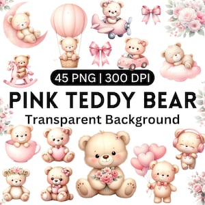 Rosa Teddy Bär Clipart, Aquarell Teddy Bär Clipart, Baby-Dusche, Kinderzimmer Clipart, Mädchen Teddy Bär, süßer Bär Clipart, schläfriger Bär PNG