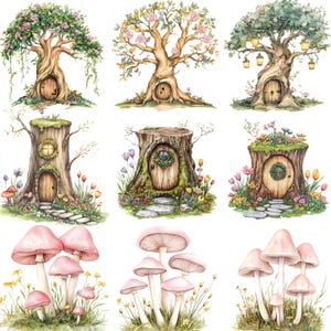 May include: Watercolor illustrations of whimsical fairy houses and mushrooms. The fairy houses are built into trees and tree stumps, with wooden doors and floral accents. The mushrooms are pink with white stems, set against a backdrop of grass and wildflowers.