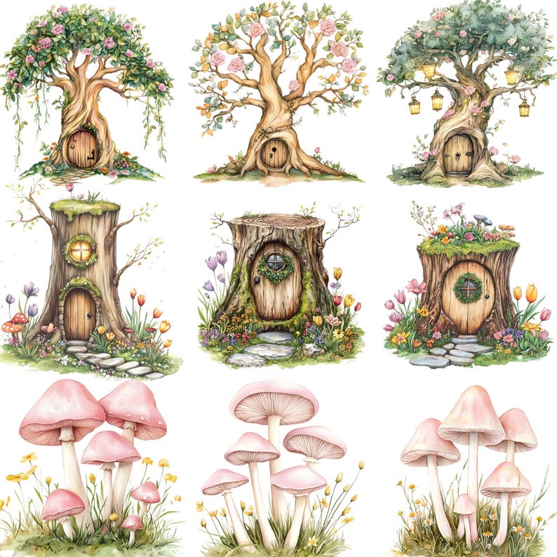 May include: Watercolor illustrations of whimsical fairy houses and mushrooms. The fairy houses are built into trees and tree stumps, with wooden doors and floral accents. The mushrooms are pink with white stems, set against a backdrop of grass and wildflowers.