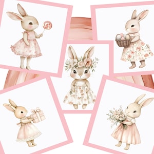 K&ouml;nnte beinhalten: Aquarellillustrationen von entz&uuml;ckenden Hasen in Kleidern, jeweils mit einzigartigen Accessoires. Einer h&auml;lt einen Lolli, ein anderer einen Eierkorb und ein weiterer ein Geschenk. Die Hasen sind vor einem rosa-wei&szlig;en Hintergrund platziert, ideal f&uuml;r Ostern oder Fr&uuml;hlingsmotive.