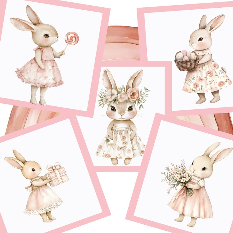 K&ouml;nnte beinhalten: Aquarellillustrationen von entz&uuml;ckenden Hasen in Kleidern, jeweils mit einzigartigen Accessoires. Einer h&auml;lt einen Lolli, ein anderer einen Eierkorb und ein weiterer ein Geschenk. Die Hasen sind vor einem rosa-wei&szlig;en Hintergrund platziert, ideal f&uuml;r Ostern oder Fr&uuml;hlingsmotive.