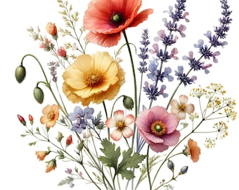 15 Wildflower Watercolor Clipart Bundle, Spring Cute Floral Clipart, High Quality JPG, White Background, Crafts & Scrapbooking