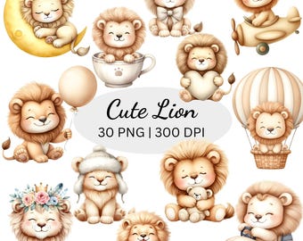 Watercolor Cute Lion Clipart, Lion Nursery Clipart, Safari Animals Clipart, Beige Neutral Lion PNG, Baby Lion Clipart, Funny Animals Clipart