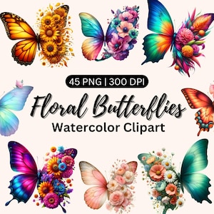 45 bloemen vlinder clipart, aquarel vlinders clipart bundel, schattige vlinders, kleurrijke vlinders png, schattige bloemen vlinders