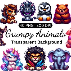 Clipart de animales gruñones en acuarela, clipart de animales divertidos de safari, paquete de láminas de mascotas de dibujos animados, láminas para guardería, PNG transparente, uso comercial