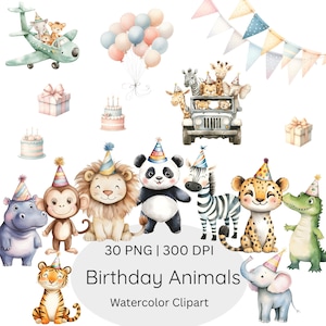 Safari Birthday Clipart, Baby Animal Birthday Clipart, Safari Animals Birthday Clipart, Cute Jungle Watercolor Clipart, Safari Nursery PNG
