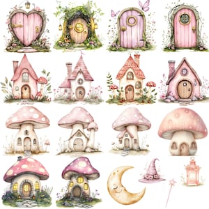 May include: Watercolor illustrations of whimsical fairy houses, mushroom houses, and doors in soft pink and green tones. The image includes a crescent moon, a witch's hat, a lantern, and a magic wand.
