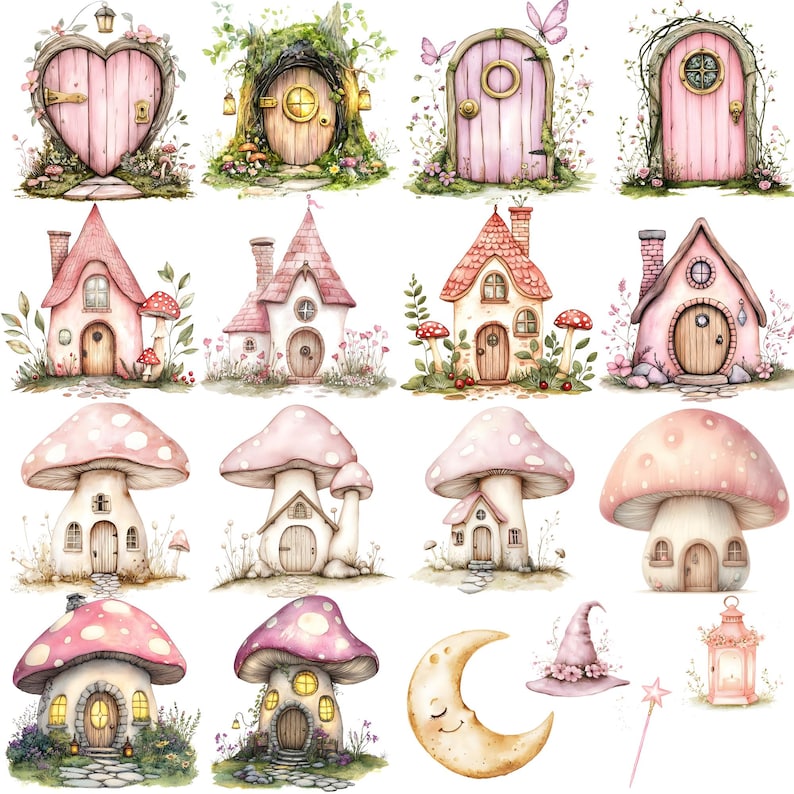 May include: Watercolor illustrations of whimsical fairy houses, mushroom houses, and doors in soft pink and green tones. The image includes a crescent moon, a witch's hat, a lantern, and a magic wand.